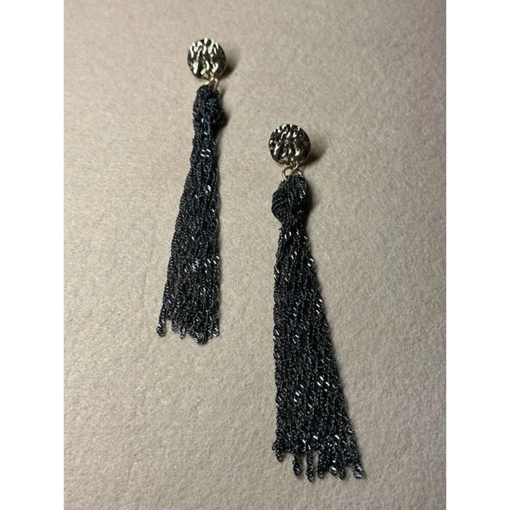 ESPRIT Gold Hammered Disc Stud Black Tassel Drop Earrings Boho New Pair